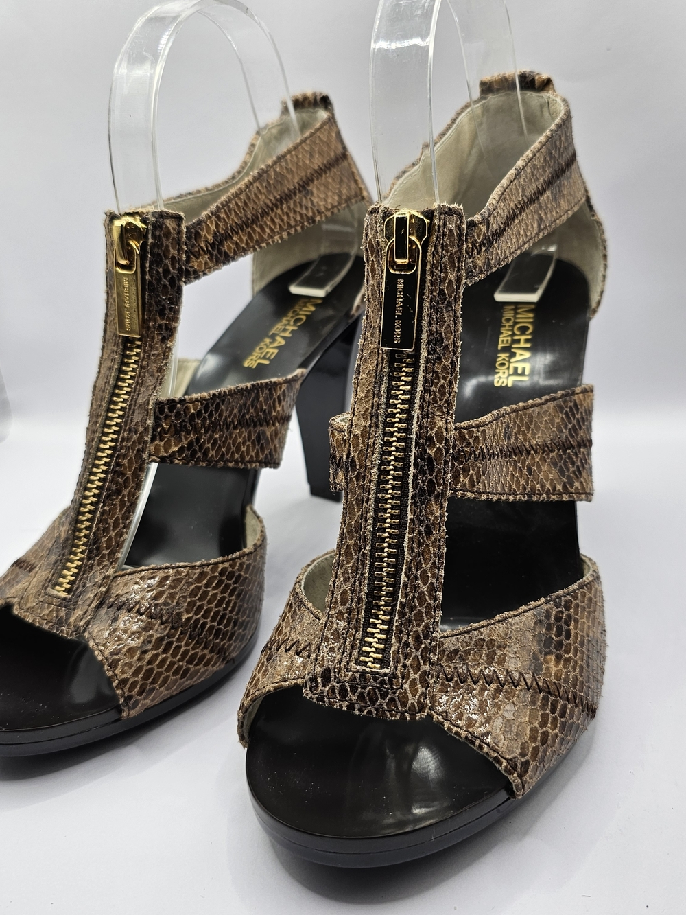 Michael Kors Brown Leather Snake-Print Zip-Front Heeled Sandals Sz 9 - Picture 1 of 6